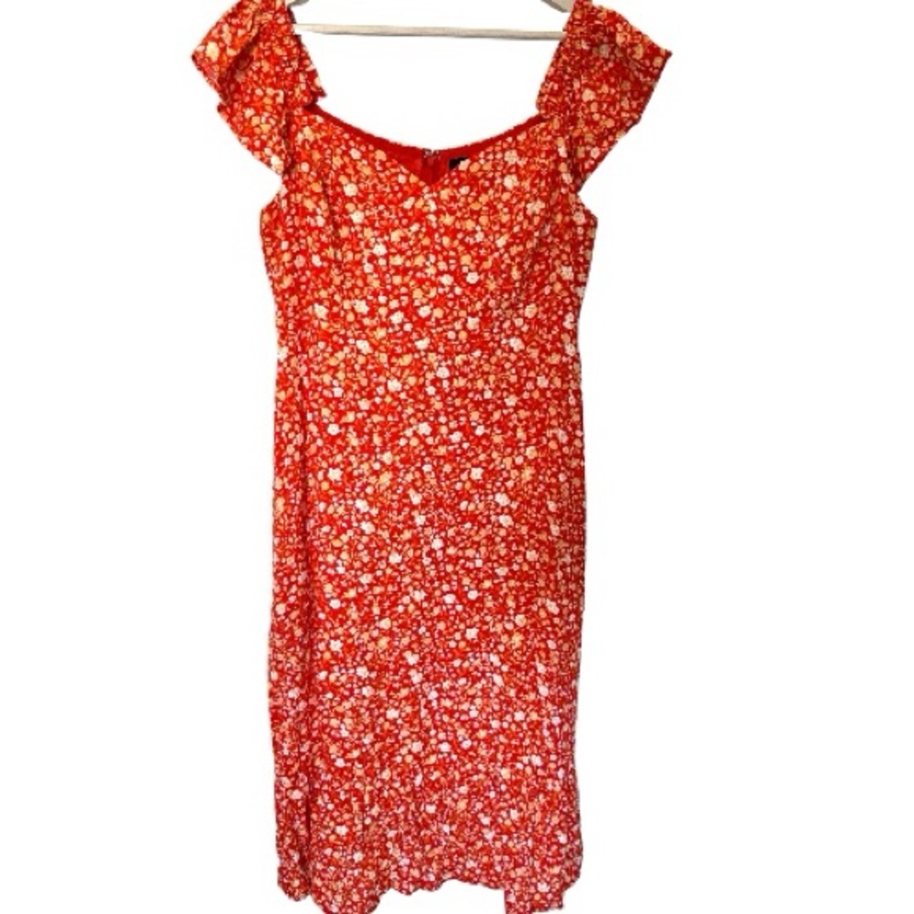 Lulus Red Orange Floral Midi Dress XL Flutter Sleeve Ruffled hem Cottagecore